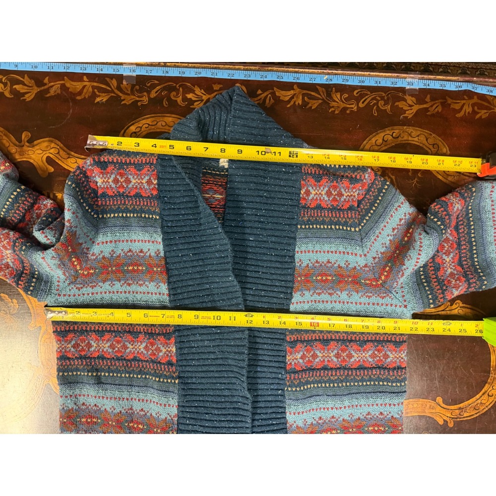 LL Bean Womens Blue Fair Isle Shawl Collar Open Front Cardigan Cabin Grandpa  L - Picture 6 of 14